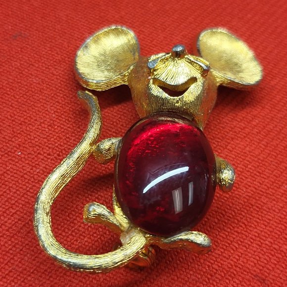 VTG Park Lane Gold Tone Mouse Brooch Pin Jelly Belly Red Eyes - Picture 4 of 12
